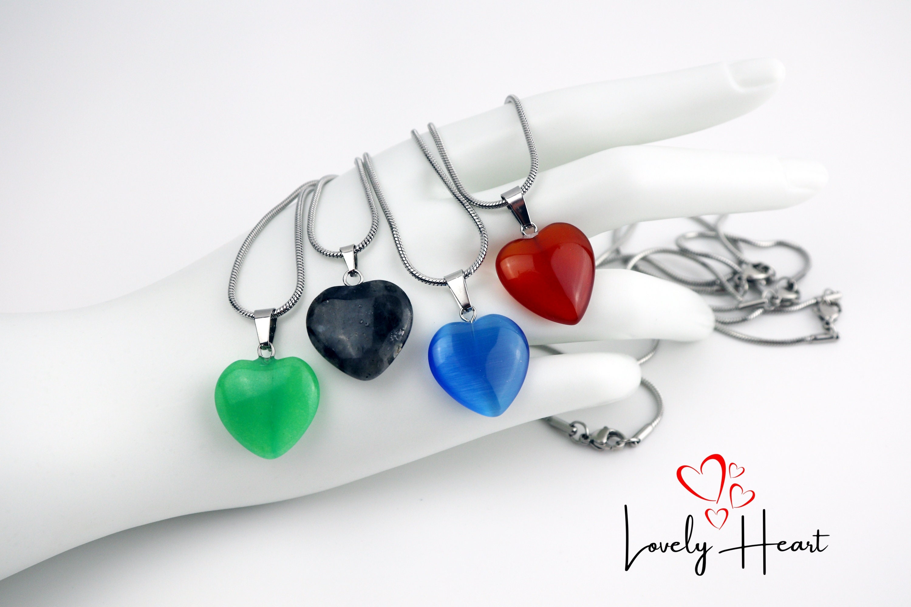 Natural Stone Heart Shape Pendant in Stainless Steel Snake