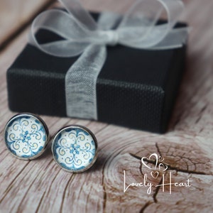Azulejo Portugues Stud Earrings Round Glass cabochon by Lovely Heart