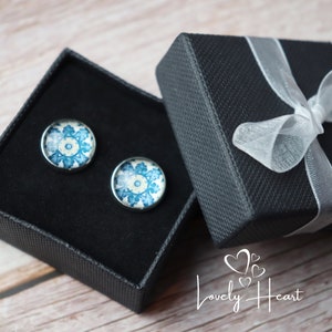 Azulejo Portugues Stud Earrings Round Glass cabochon by Lovely Heart