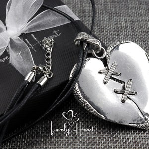 Antique Large Broken Heart Pendant in Double Black Cotton Cord Long Necklace by Lovely Heart