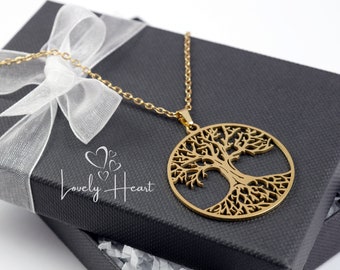 Collier en acier PVD doré pendentif coeur arbre de vie decoupé 22mm 40+5cm