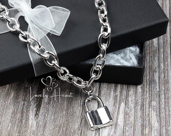 925 Sterling Silver Plated Lock Pendant Necklace by Lovely Heart