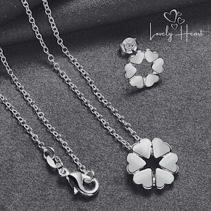 Silver Plated Flower Heart Jewelry Set: Hollow Pendant Necklace & Earrings
