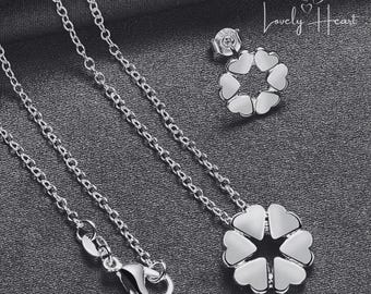 Silver Plated Flower Heart Jewelry Set: Hollow Pendant Necklace & Earrings