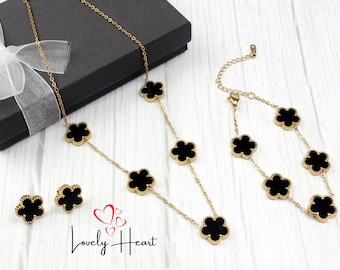 Double sided Black/Golden Flower, Necklace, Bracelet and Earrings Jewellery Set By Lovely Heart