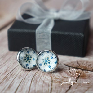 Azulejo Portugues Stud Earrings Round Glass cabochon by Lovely Heart
