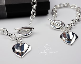 925 Sterling Silver Plated Double Heart Pendant With Toggle Clasp Necklace and Bracelet Set by Lovely Heart