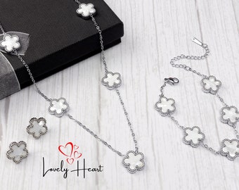 Double sided White/Silver Flower, Necklace, Bracelet and Earrings Jewellery Set By Lovely Heart