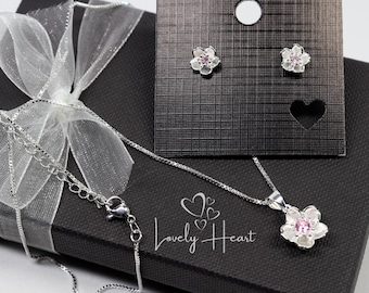 925 Sterling Silver Crystal Flower Pendant Necklace & Stud Earrings Jewelry Set by Lovely Heart