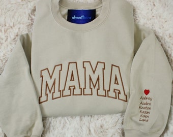 Custom Mama Embroidered Sweatshirt, Custom Mama Crewneck With Kids Names, Heart On Sleeve, Gift For New Mom, Mother's Day Gift, Gift for her
