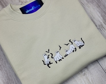 Sweat-shirt brodé de chats fantômes pour Halloween, sweat-shirt et sweat à capuche brodés mignons chats fantômes d'Halloween Spooky Season