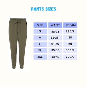 May include: A size chart for pants with a green pair of sweatpants. The chart shows sizes S through 2XL with corresponding waist and inseam measurements in inches.