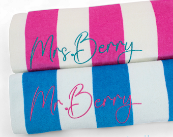Custom Striped Embroidered Oversized Cabana Beach Towels, Gift for couples, Custom name towels, Honeymoon and Birthday Vacation Gift