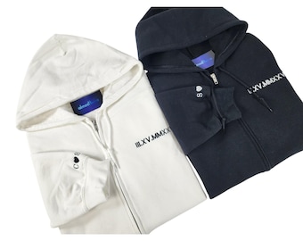 Personalized gift, Custom embroidered Roman numeral Zipper hoodie with Initial on Sleeve, Anniversary gifts, Valentine's Day gift, Christmas