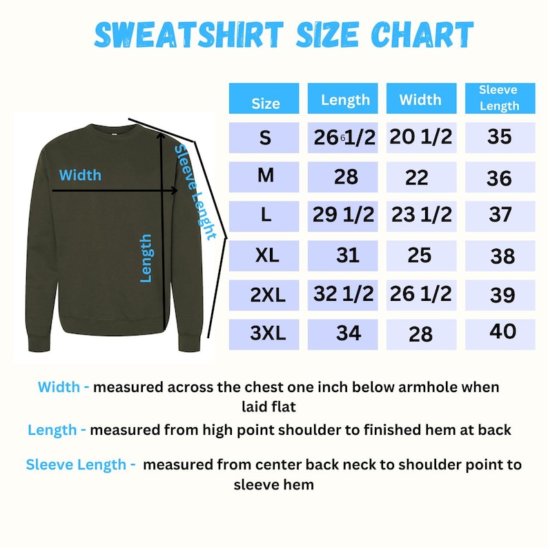 May include: A size chart for sweatshirts with measurements in inches. The chart shows the size, length, width, and sleeve length for sizes S through 3XL.