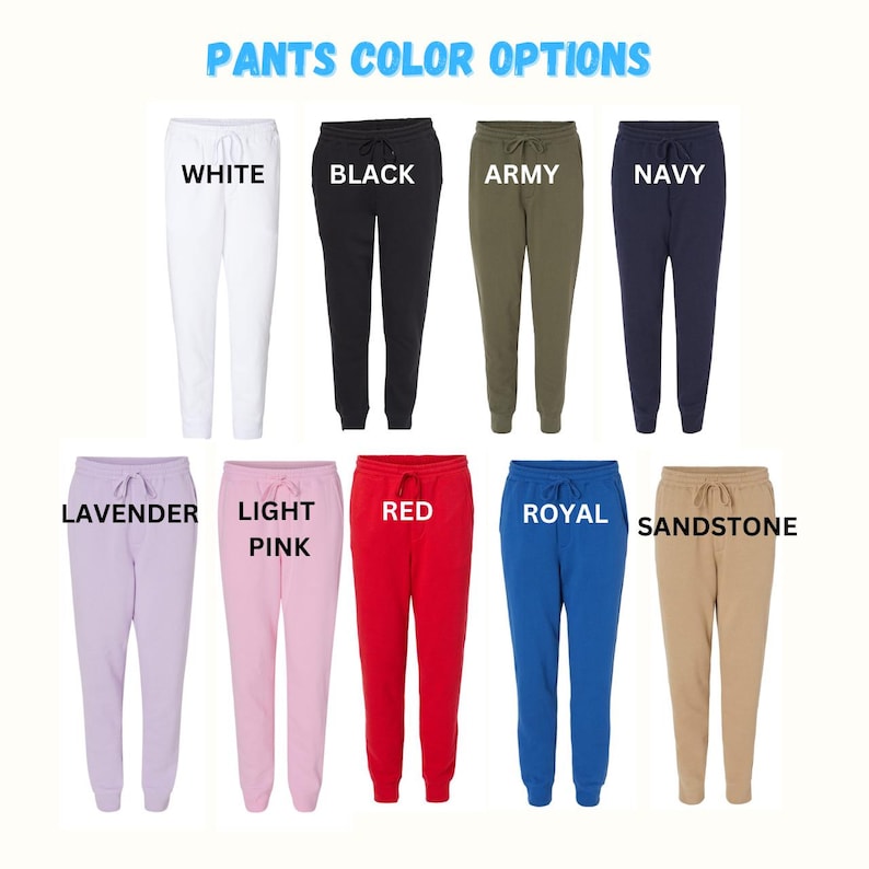 May include: Ten pairs of sweatpants in various colors, including white, black, army green, navy, lavender, light pink, red, royal blue, and sandstone. The sweatpants have a drawstring waistband and a relaxed fit.