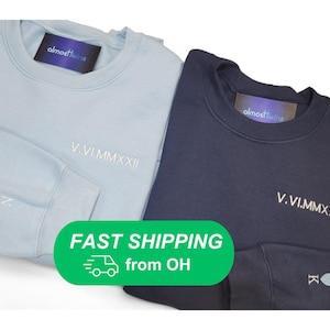 Custom Embroidered Roman Numerals Sweatshirt for couples, Add your Initial on the Sleeve, Anniversary, Valentines Day and Christmas Gift