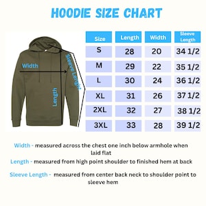 May include: Hoodie size chart with measurements in inches for sizes S through 3XL. The chart shows the width, length, and sleeve length of each size.