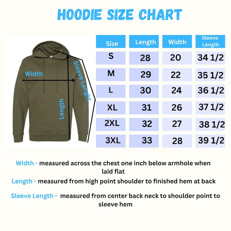 May include: Hoodie size chart with measurements in inches for sizes S through 3XL. The chart shows the width, length, and sleeve length of each size.