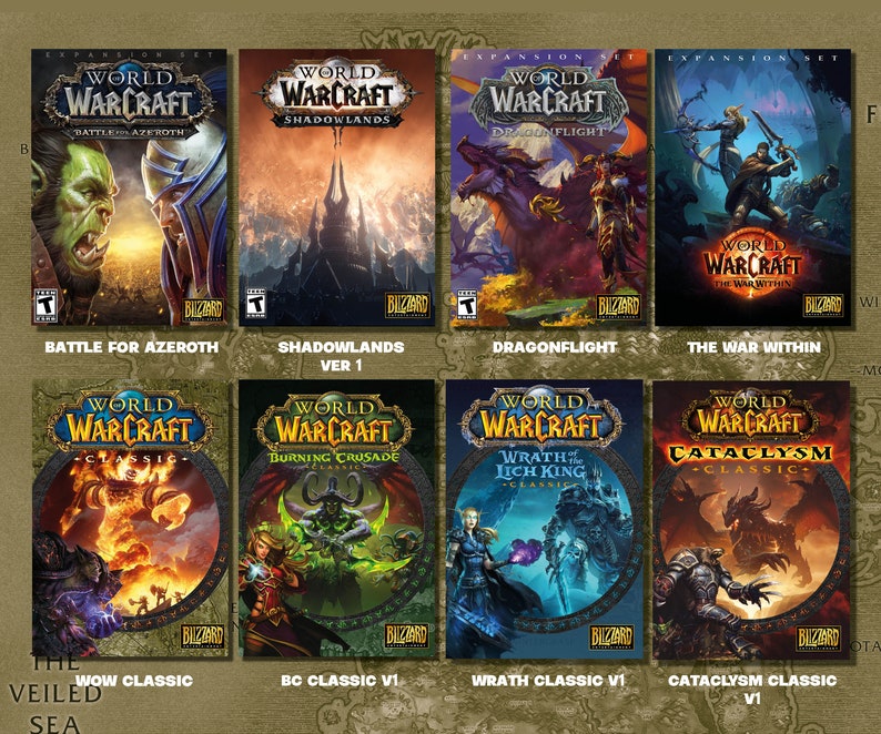 May include: A collage of World of Warcraft game covers, featuring different expansions and classic versions. The covers showcase various characters, creatures, and landscapes from the game.
