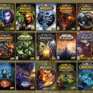 以下が含まれることがあります： グリッド状に配置された15種類のWorld of Warcraftビデオゲーム拡張セットのパッケージカバー。各長方形のボックスアートには、ファンタジーキャラクターのイラスト、ゲームタイトル、Blizzardのロゴが描かれており、それぞれのゲームバージョンが示されています。