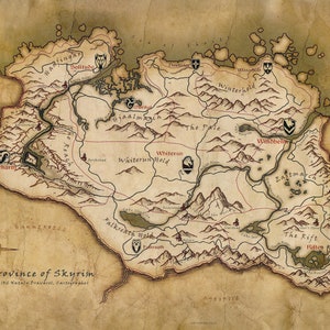 Carte de la province de Skyrim (The Elder Scrolls 5), haute qualité, impressions A1, A2, A3