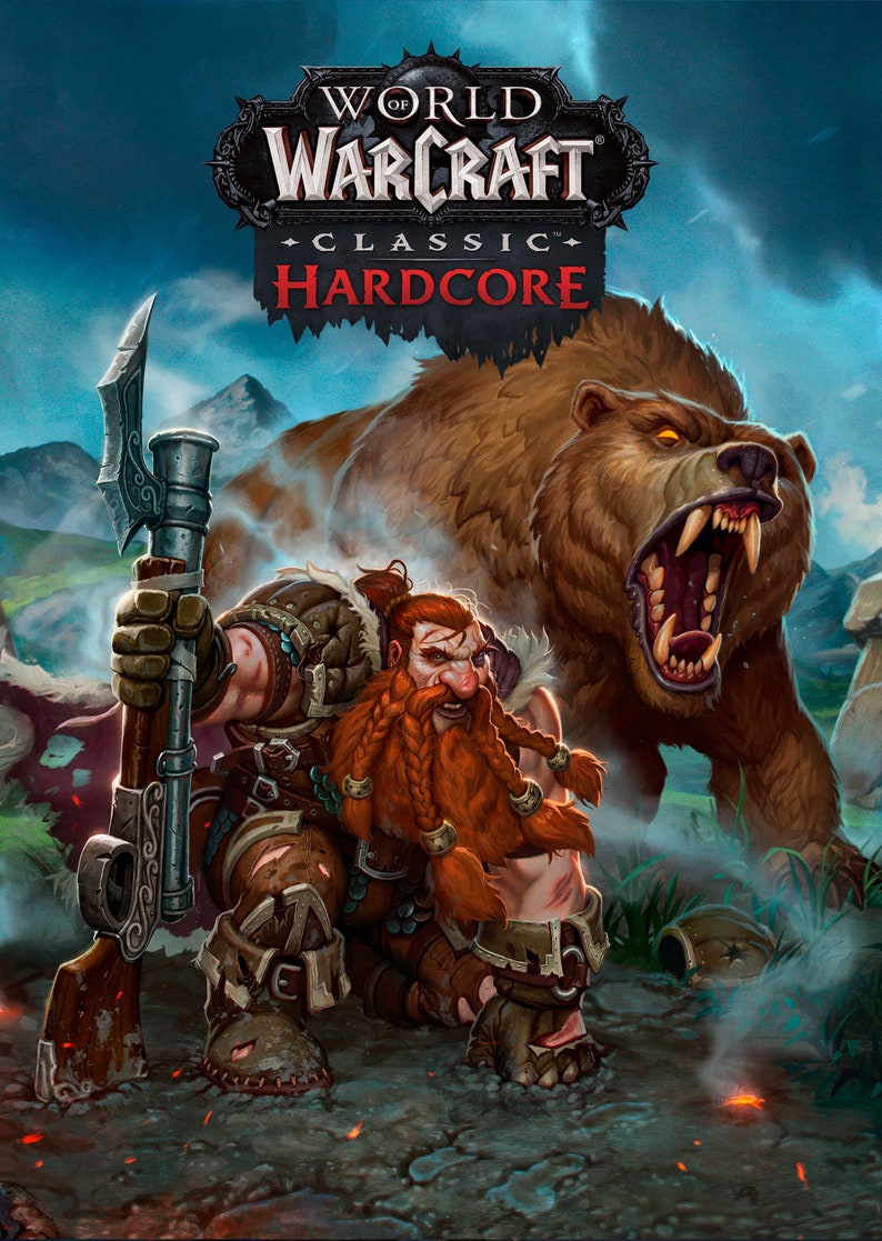 May include: A red-bearded dwarf warrior with a large axe stands in front of a roaring brown bear. The text "WORLD OF WARCRAFT CLASSIC HARDCORE" is displayed above them.