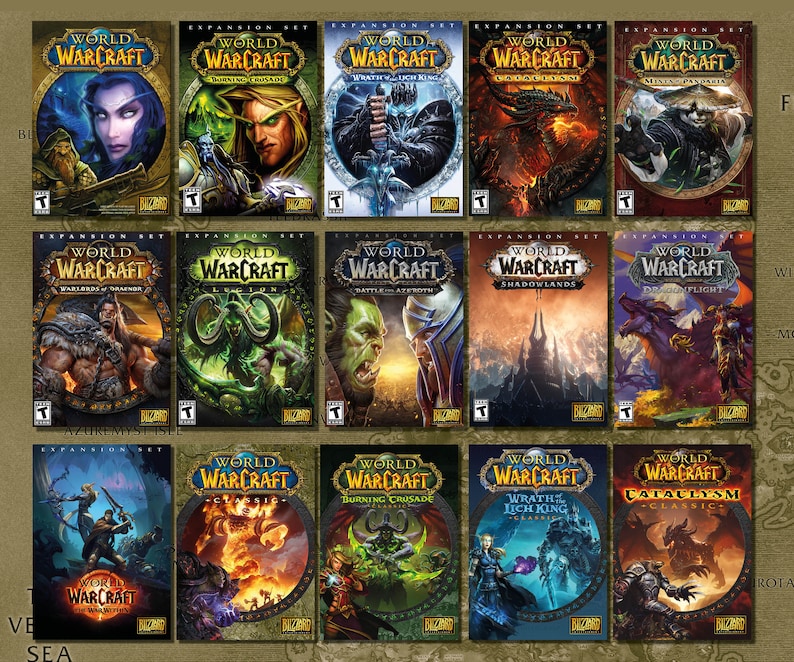 May include: A collage of 15 World of Warcraft game box covers, featuring various expansion packs and the original game. The covers showcase different characters, creatures, and environments from the game, including orcs, dragons, and a snowy landscape.