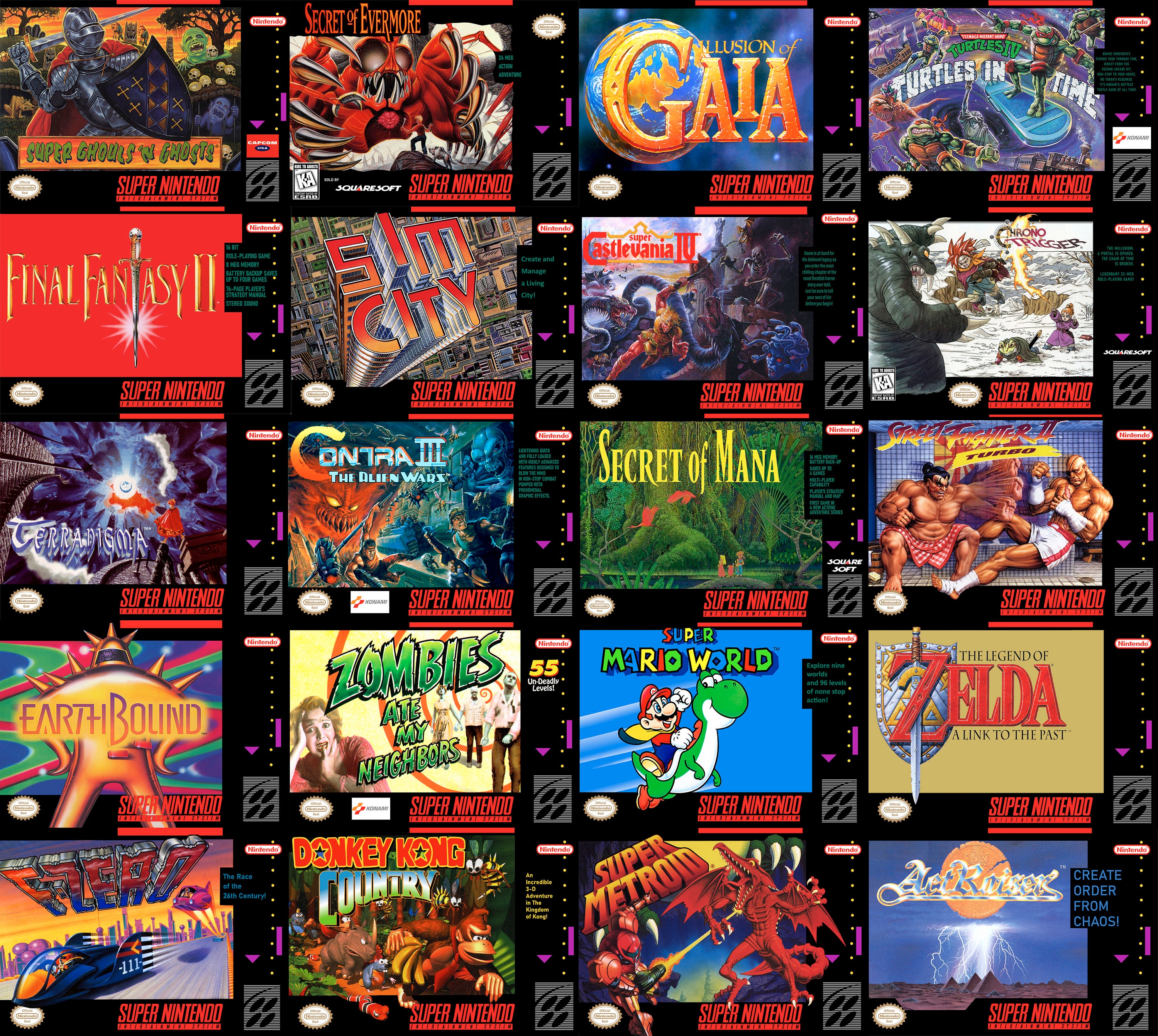 SNES Box Art A4 Prints 297x210mm Super Nintendo Entertainment System 