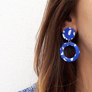 Matisse Blue and White Print Hoop Statement Earrings ~ RickusRa