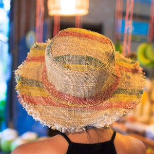 Hemp Sun Hat Natural Fiber Handmade Design Rasta Colors Striped Pattern Red Yellow Green Combination Beach Protection Accessory Festival Style Fashion Bohemian Headwear Summer Essential Unisex Wear Eco Friendly Material Sustainable Fashion