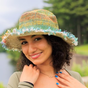 Hemp Sun Hat, Rainbow Stripe Hat, Handmade Unisex Beach Hat, Multi Color Wide Brim Hat, Sustainable Earth Friendly Hat, Garden Club Hat