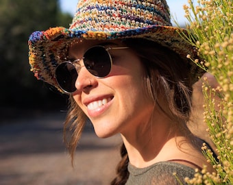 Hemp Crochet Bucket Hat • Striped Multi Color Festival Hat • Handmade Hemp Sun Hat • Eco Friendly Summer Hat • Asatre Hat