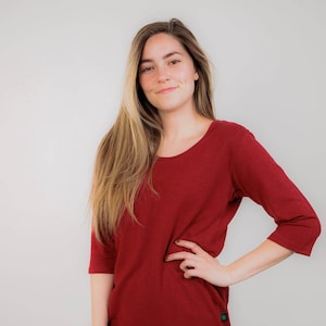 Hemp and Organic Cotton Shirt, Three-Qtr Length Sleeve Scoop Neck Hemp Shirt, Women's Hemp Clothing Burgundy