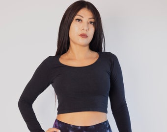 Hemp Long Sleeve Scoop Crop Top, Eco-friendly Casual Hemp Clothing