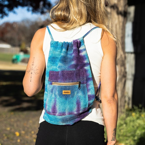Hemp Drawstring Gym Bag, Travel Bag, Grocery Bag - Handmade Tie Dye Hemp Bag- Asatre String Backpack