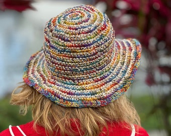 Crochet Hemp Hat, Handmade Crochet Multi Color Sun Hat, Unisex Hat, Beach Hat, Natural Hat, Rainbow Trim Hemp Sun Hat