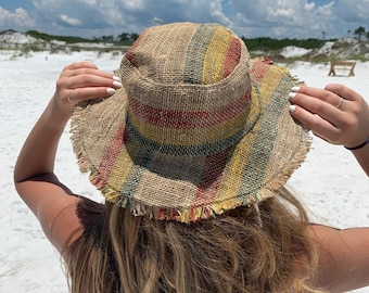 Hemp Sun Hat, Rasta Beach Sun Hat, Natural Hippie Hat, Unisex, Handmade, Eco-friendly Hat - Red Yellow Green