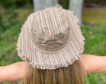 Hemp Linen Sun Hat, Unisex Beach Sun Hat, Natural Hippie Hat, Unisex, Handmade in Nepal, Ansley2, Tan, Sage, Sage Stripe