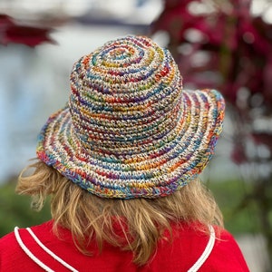 Crochet Hemp Hat, Handmade Crochet Multi Color Sun Hat, Unisex Hat, Beach Hat, Natural Hat, Rainbow Trim Hemp Sun Hat