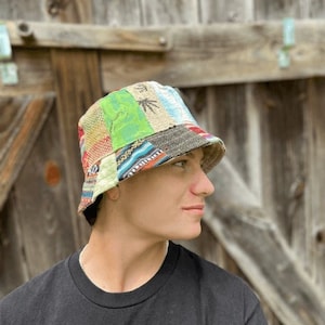 Hemp Patchwork Bucket Hat, Patchwork Sun Hat, Beach Panama Sun Hat, Natural hippie Hat, Unisex, Handmade in Nepal, Eco-friendly Hat image 7