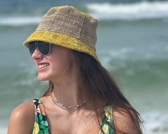 Hemp Bucket Hat, Beach Panama Sun Hat, Natural hippie Hat, Unisex, Handmade in Nepal - Bright Green or Yellow