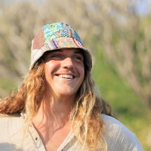 Hemp Bucket Hat Patchwork Design Bohemian Style Beach Headwear Summer Accessory Festival Fashion Sustainable Item Handmade Panama Eco