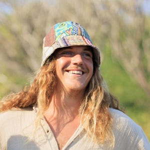 Patchwork Hemp Bucket Hat Beach Panama Natural hippie Hat Unisex Handmade Hat Patchwork Boho Hat Summer Festival Hat for Men or Women