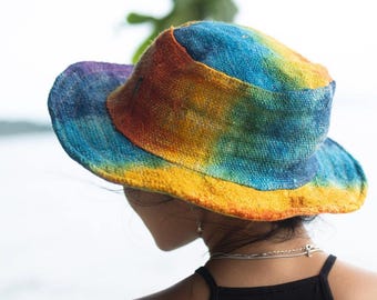 Tie Dye Hat Hemp Bucket Style Boho Beach Festival Hippie Wide Brim Sun Unisex Summer Headwear Rainbow Colorful Handmade Accessory Outdoor
