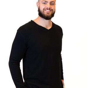 Sustainable Clothing Mens Hemp Vneck Organic Cotton Blend Long Sleeve Design Natural Fiber Material Breathable Construction Eco Friendly Fashion Ethical Choice Versatile Casual Top Perfect Layering Piece Urban Style Essential Comfortable