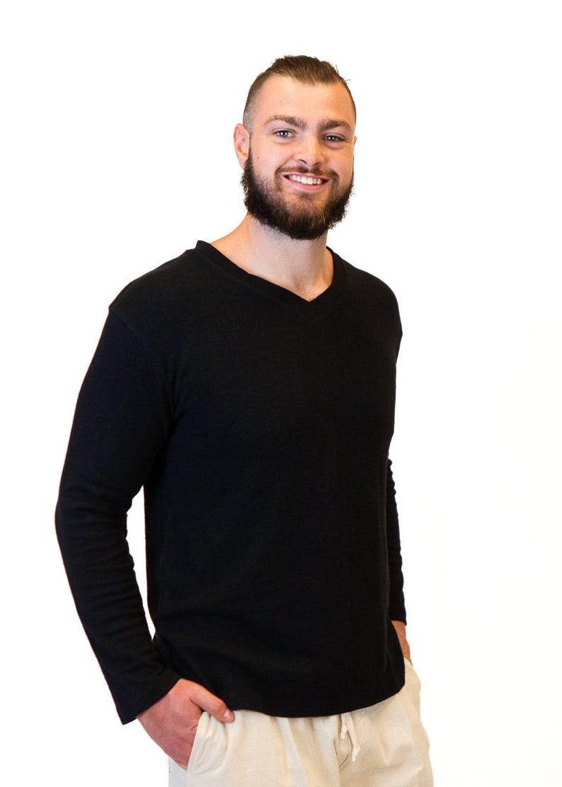 Sustainable Clothing Mens Hemp Vneck Organic Cotton Blend Long Sleeve Design Natural Fiber Material Breathable Construction Eco Friendly Fashion Ethical Choice Versatile Casual Top Perfect Layering Piece Urban Style Essential Comfortable