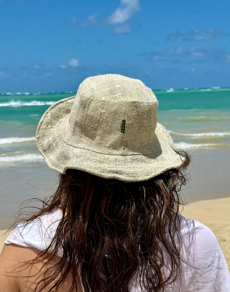 Women wearing handmade hemp natural solid sun hat.