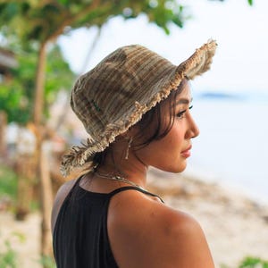 Hemp Linen Sun Hat: Wide Brim Sage Stripe, Handmade Hat Beach Summer Festival Style Hippie Fashion Sustainable Travel Nepal Handmade Sage