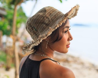 Hemp Linen Sun Hat: Wide Brim Sage Stripe, Handmade Hat Beach Summer Festival Style Hippie Fashion Sustainable Travel Nepal Handmade Sage